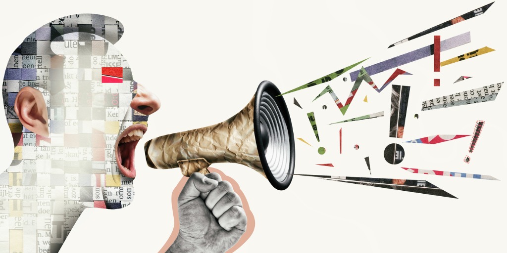 Speaker with megaphone in his hand. Art collage. Concep